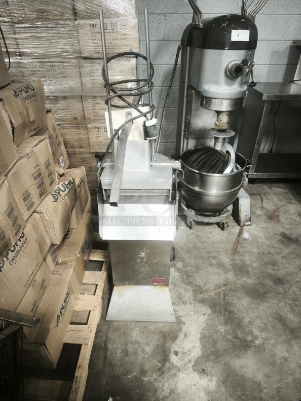 Palazzolo GS-1 cheese shredder with rolling stand, stainless steel, used condition, visible tags, ideal for commercial use.