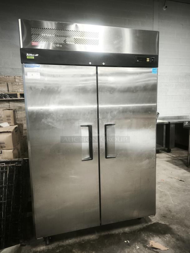 Turbo Air M3F47-2-N reach-in freezer with two solid doors, left/right hinge, stainless steel exterior, 115v, commercial use.