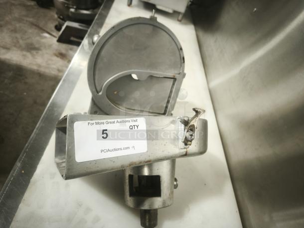 Hobart Pelican Head Cheese Shredder Mixer Attachment with shredding blade, silver metal, visible label with quantity "5."