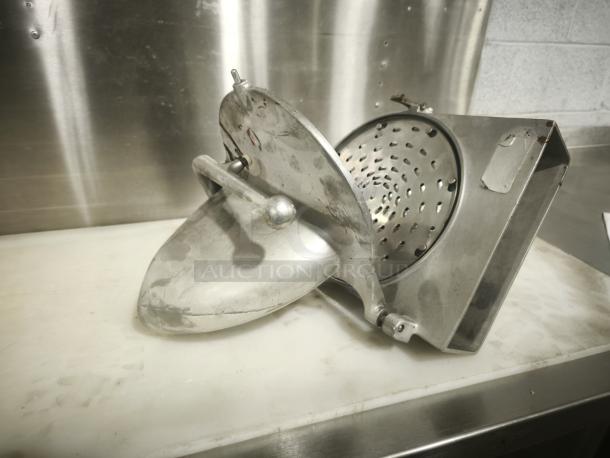 Hobart Pelican Head cheese shredder mixer attachment with shredding blade, stainless steel, used condition, industrial grade.