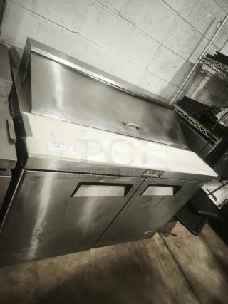 48'' stainless steel salad bar refrigerator, refrigerated sandwich prep table. ETL certified, used, with visible wear.