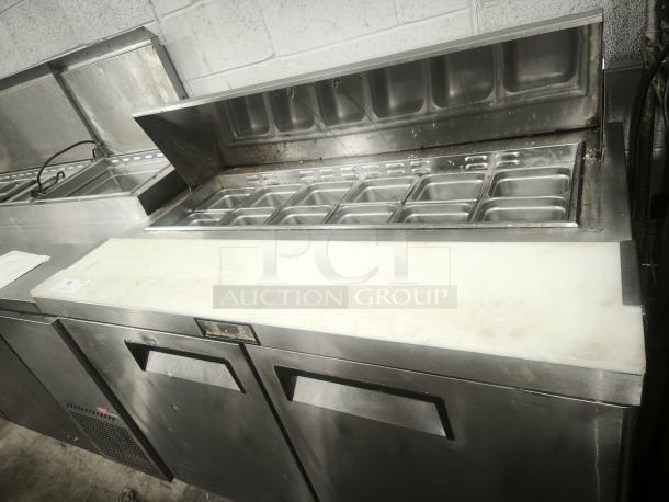 48" stainless steel salad bar refrigerator, refrigerated sandwich prep table, ETL certified. Good condition, multiple compartments.