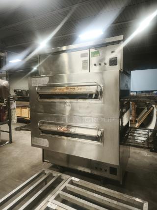 Middleby Marshall PS360 doublestack gas pizza oven conveyor in used condition, stainless steel exterior, visible control panel.