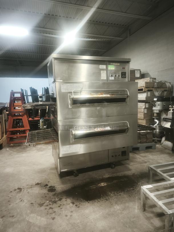 Middleby Marshall PS360 Doublestack Gas Pizza Oven Conveyor, stainless steel, used, dual decks, visible control panel.