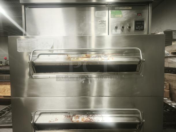 Middleby Marshall PS360 doublestack gas pizza oven conveyor, stainless steel, with control panel and visible wear.