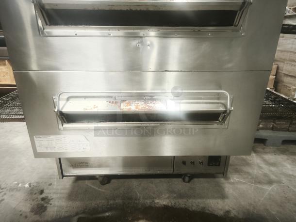 Middleby Marshall PS360 doublestack gas pizza oven conveyor, stainless steel, good condition, model PS360 label visible.