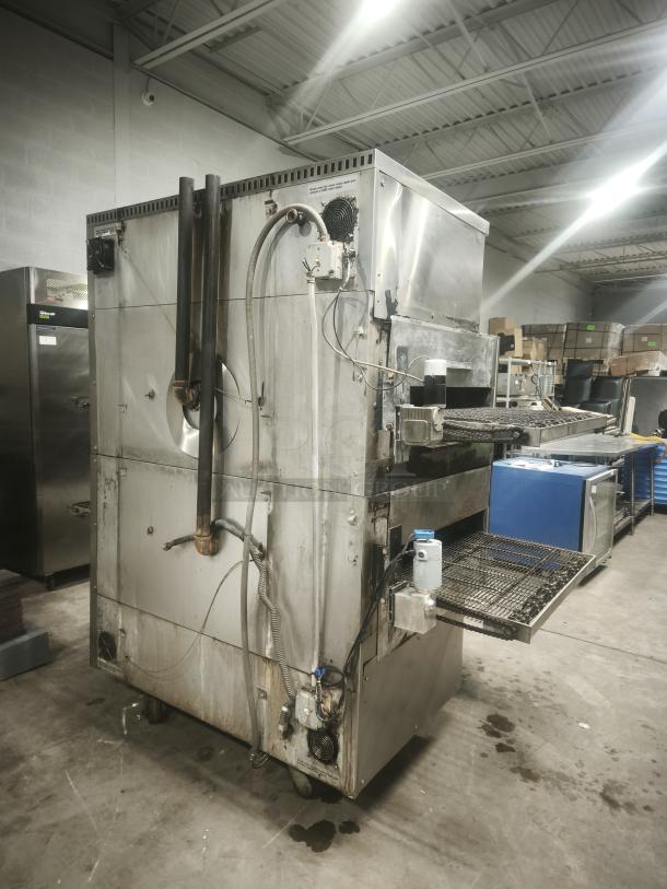 Middleby Marshall PS360 doublestack gas pizza oven conveyor, stainless steel, used condition, visible wiring and components.
