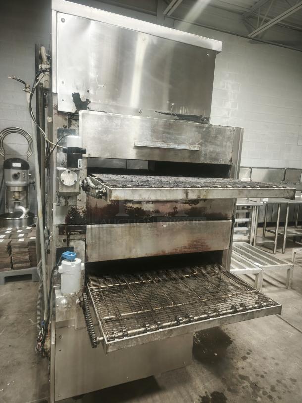Middleby Marshall PS360 doublestack gas pizza oven conveyor, used condition, large size, visible wear, industrial kitchen equipment.