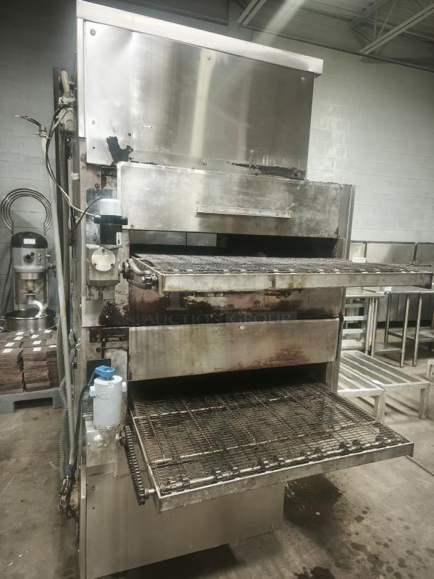 Middleby Marshall PS360 doublestack gas pizza oven with conveyor, stainless steel, used condition, signs of wear.