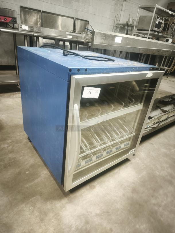 Minus Forty Glass Door Countertop Freezer, model 07-csgf-x1-frc2, blue exterior, glass shelving, slight wear visible.