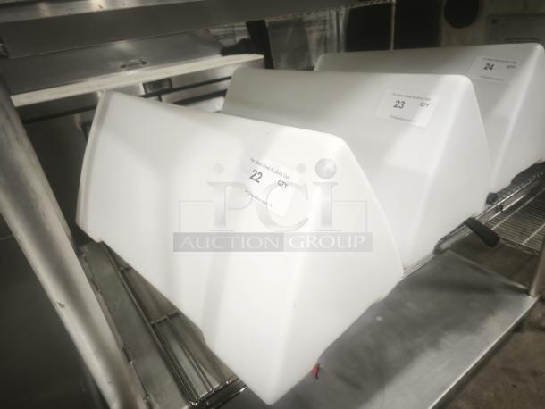 Car Top Lighted Sign Model 3 Large, white, in new condition, displayed on a metal shelf.