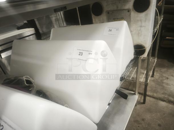 Car Top Lighted Sign, Model 3 Large, white plastic, includes securing hardware. Condition appears good. Tags indicate auction item 23 and 24.