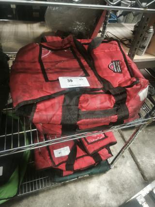 Red Commercial Products ProServe insulated pizza delivery bag in good condition, visible tag reads "39 QTY."