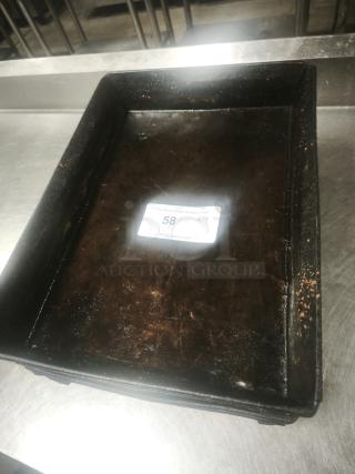 Antique enamelware tin plate pan, rectangular, vintage patina, visible auction label "58", worn surface condition.