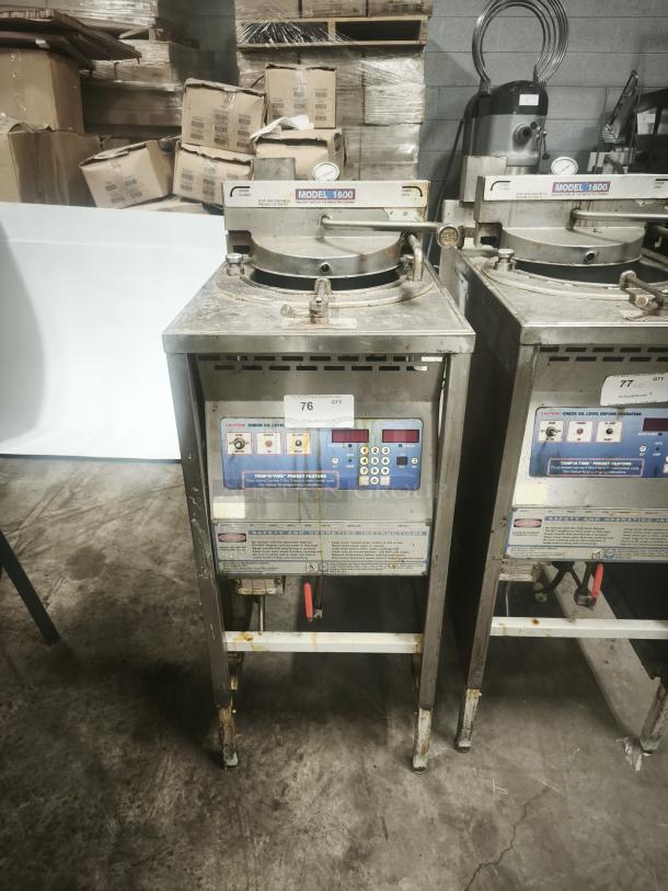 BroasterFryer Model 1600 pressure fryer, stainless steel, used condition, with visible labels and control panel.