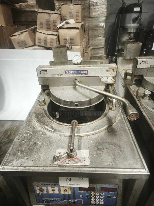 BroasterFryer Model 1600 pressure fryer, used condition, visible controls and pressure gauge, labels intact, auction lot 76.