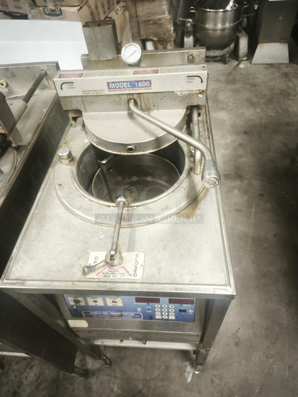 BroasterFryer 1600 pressure fryer; stainless steel; model tag visible; used condition; manual controls; industrial kitchen equipment.
