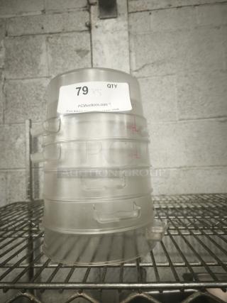 Clear 2 Qt. round food storage container, stack of five, visible capacity markings, auction label "79 x5".