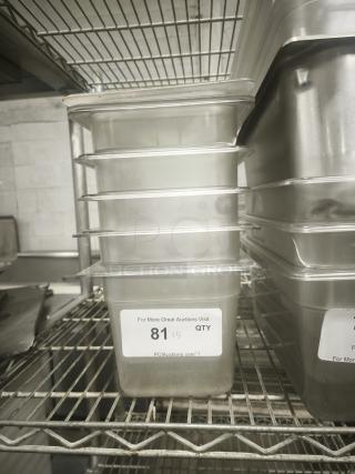 Translucent plastic third-size steam pan with lids, stacked on a metal shelf. Label reads "81 x5 QTY, PCI Auctions."