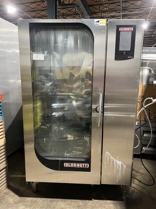 Blodgett BLCT202 stainless steel combi oven, natural gas, 120V 1 Phase, on legs, visible condition signs, model and brand labeled.