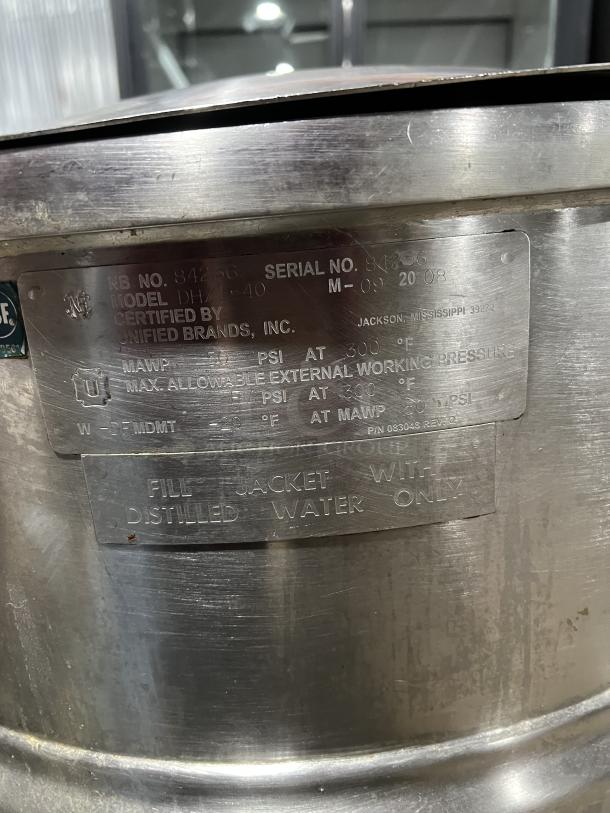 Groen DH140 commercial 40 gal. stainless steel tilting steam kettle, natural gas powered, serial no. 84256, on legs.
