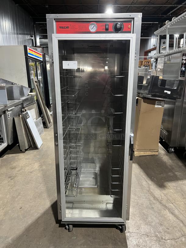 Vulcan VP18 stainless steel heated holding cabinet, full-height, with universal pan slides, on casters, 120V, 1 phase.