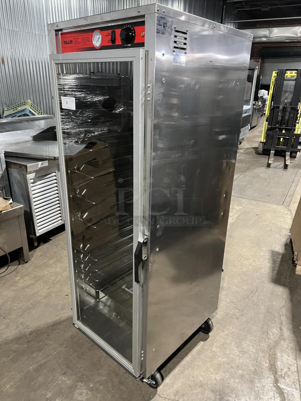 Vulcan VP18 stainless steel full-height heated holding cabinet with universal pan slides, 120V, on casters, excellent condition.