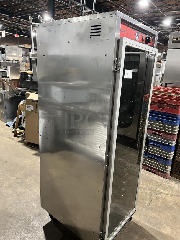 Vulcan VP18 stainless steel heated holding cabinet, full-height, with universal pan slides, on casters, model SN: WM0008243.