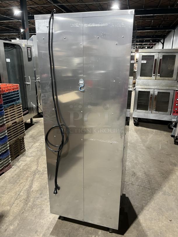 Vulcan VP18 stainless steel heated holding cabinet, full-height, with universal pan slides, 120V 1 phase, on casters.