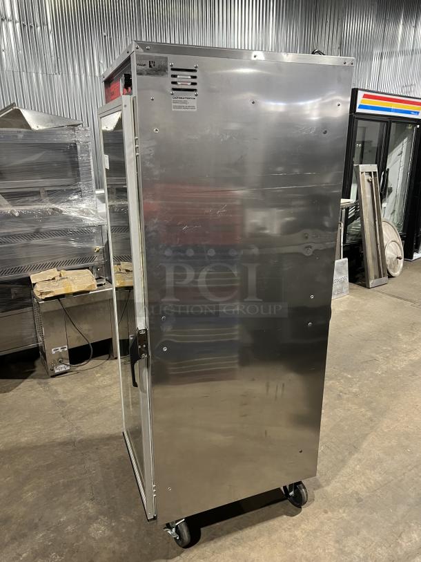 Vulcan VP18 stainless steel full-height heated holding cabinet on casters, with universal pan slides, 120V 1-phase, SN: WM0008243.