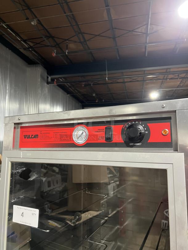 Vulcan VP18 stainless steel full-height heated holding cabinet, universal pan slides, 120V, 1 phase, on casters, SN: WM0008243.