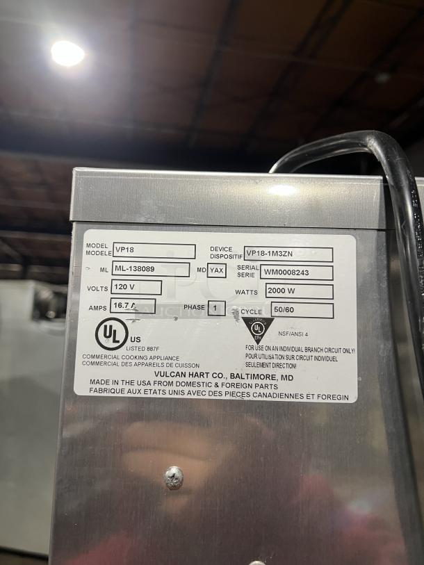 Vulcan VP18 commercial stainless steel full-height heated holding cabinet with universal pan slides. Model: VP18, SN: WM0008243, 120V, 1 phase, on casters.