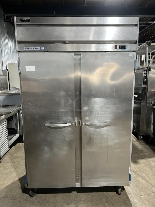 Beverage Air Commercial Stainless Steel 2-Door Refrigerator, Model HF2-1S, includes poly coated wired rack, SN: 11703201.