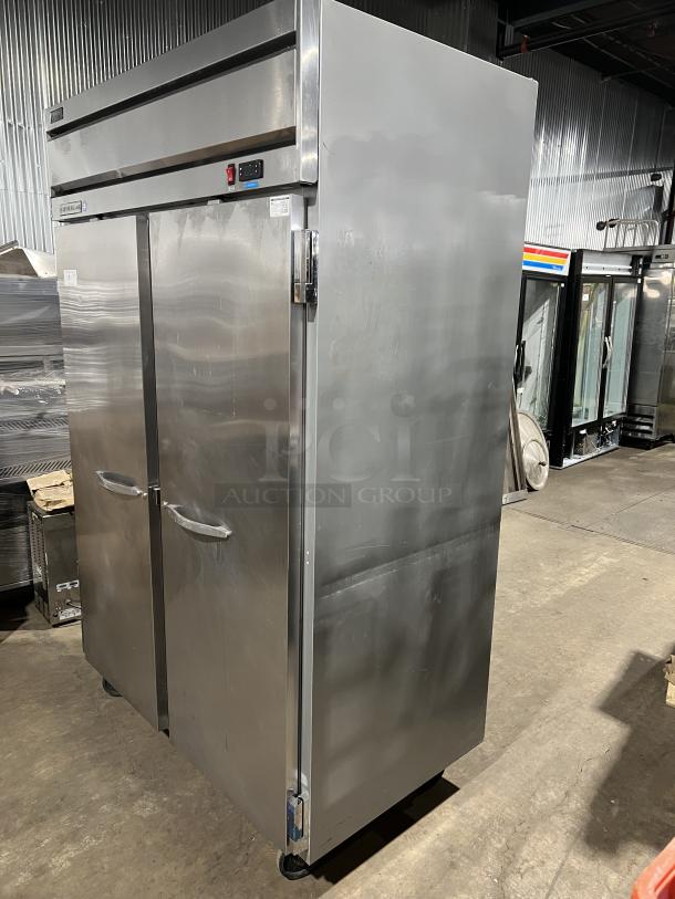 Beverage Air HF2-1S stainless steel 2-door refrigerator with poly-coated rack, SN: 11703201, in good condition.