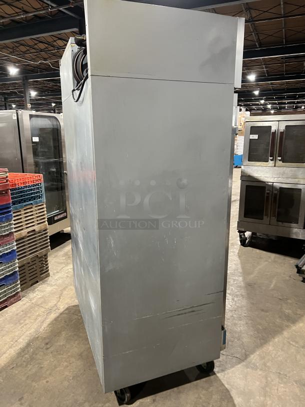 Beverage Air HF2-1S commercial stainless steel 2-door fridge, with poly-coated rack, on casters. Model HF2-1S, SN: 11703201.