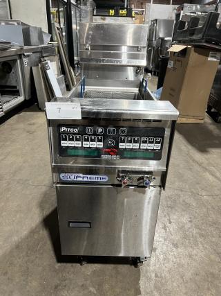 Pitco Solstice Supreme SSPG14 12 Gal. Pasta Cooker, stainless steel, digital controls, on casters, with back splash.