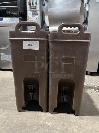 Cambro Carlisle Series brown insulated beverage dispensers, commercial grade, dual handles, tap spouts, visible label 8X2 QTY.