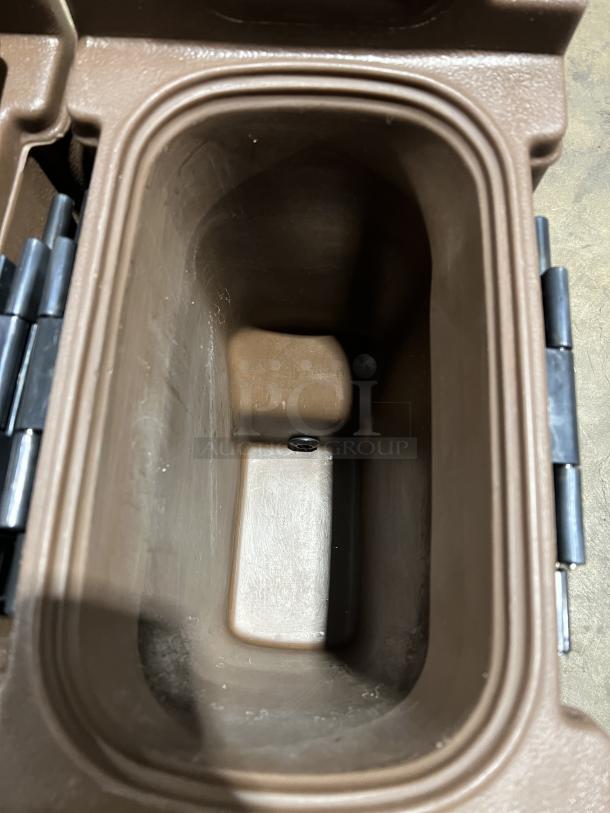 Cambro Carlisle Series brown insulated beverage dispenser, commercial-grade, interior view, excellent condition.