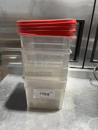 Stack of four commercial clear polycarbonate 6 qt. food storage containers with red lids. Label reads "10X QTY."