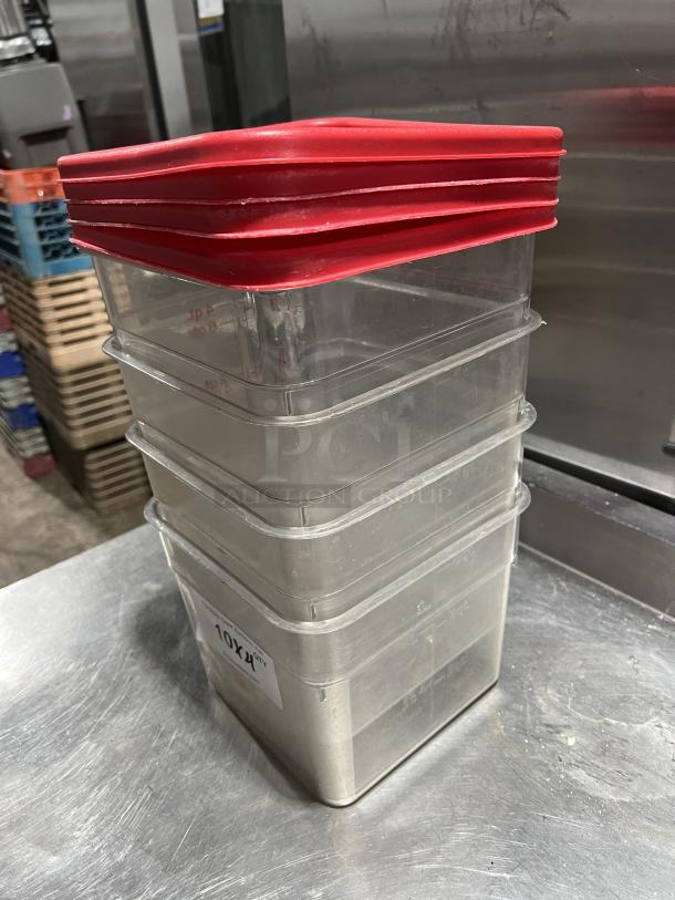 Commercial clear polycarbonate 6 Qt. food storage container with red lid, stackable, label marked "10X4".