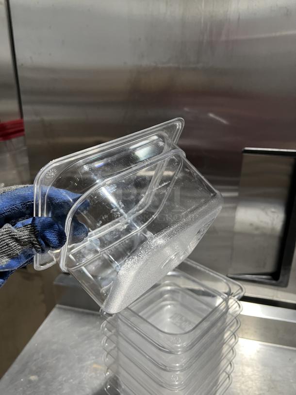 Cambro clear polycarbonate food storage pan, stackable design, excellent condition, multiple pans shown, durable commercial quality.