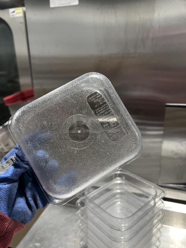 Cambro clear polycarbonate food storage pan, commercial grade, excellent condition, visible capacity markings.