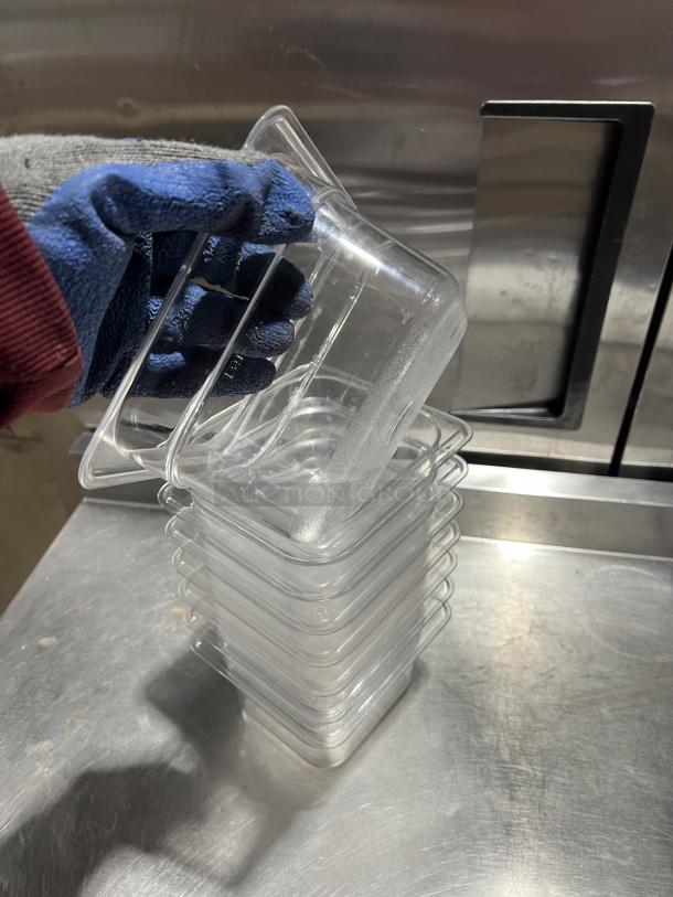 Cambro Commercial Clear Polycarbonate Food Storage Pans stacked, in excellent condition, showing durability and clarity.