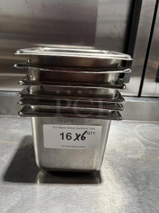 Stack of commercial stainless steel steam table pans, labeled "16 X 6 QTY," suitable for professional kitchen use.