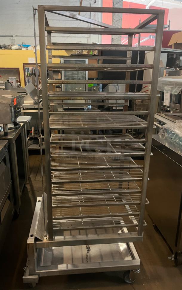 Blodgett BLCT202 full-height roll-in combi oven with stainless steel transport rack. Natural gas. On legs. Model SN: 113015AW160S.