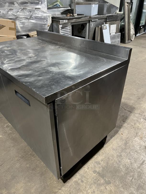 Randell 93027 commercial stainless steel 2-door flat-top worktop refrigerator on casters, model 9302-7, SN: T15522-1, 115V.