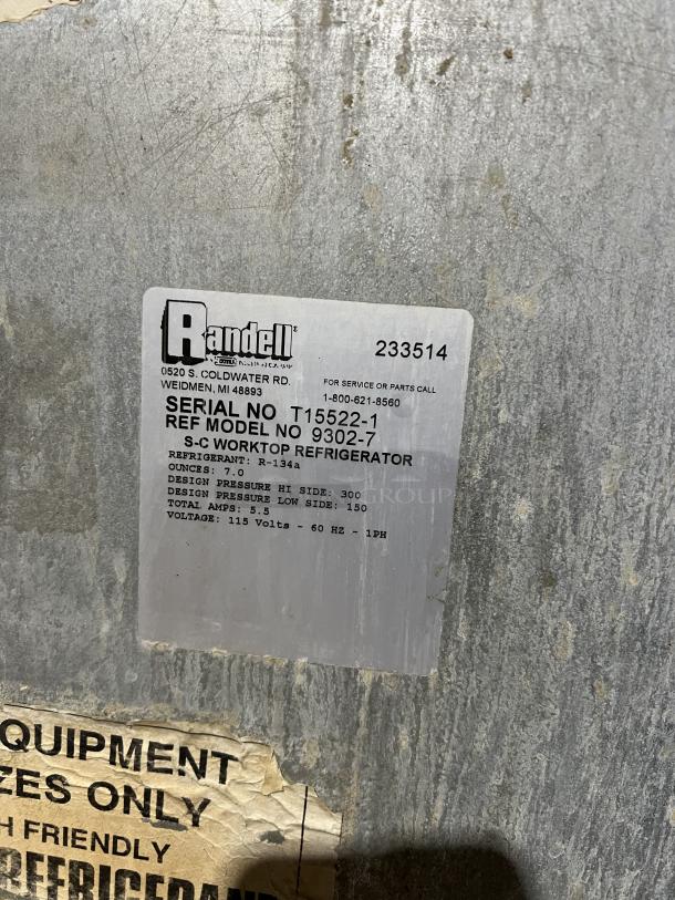 Randell Commercial Stainless Steel 2-Door Worktop Refrigerator, Model 9302-7, SN: T15522-1, 115V, on casters, label visible.