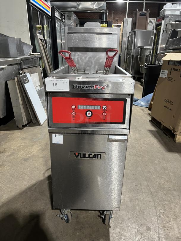 Vulcan PowerFry3 1TR45D1 stainless steel deep fryer, natural gas, with fry basket, basket hanger, backsplash, on casters.