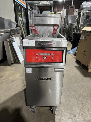 Vulcan PowerFry3 1TR45D1 stainless steel deep fryer, natural gas, with fry basket, basket hanger, backsplash, on casters.