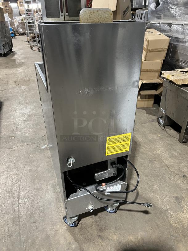 Vulcan PowerFry3 deep fryer, model 1TR45D1, stainless steel, natural gas, on casters, with fry basket, basket hanger, and backsplash.